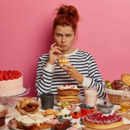 End justify means illustration: dissatisfied redhead girl in striped jumper has sweet food addiction, fed up with diets, eats various cakes, pies and other tasty desserts, has delicious lunch at home, looks sadly and gloomy