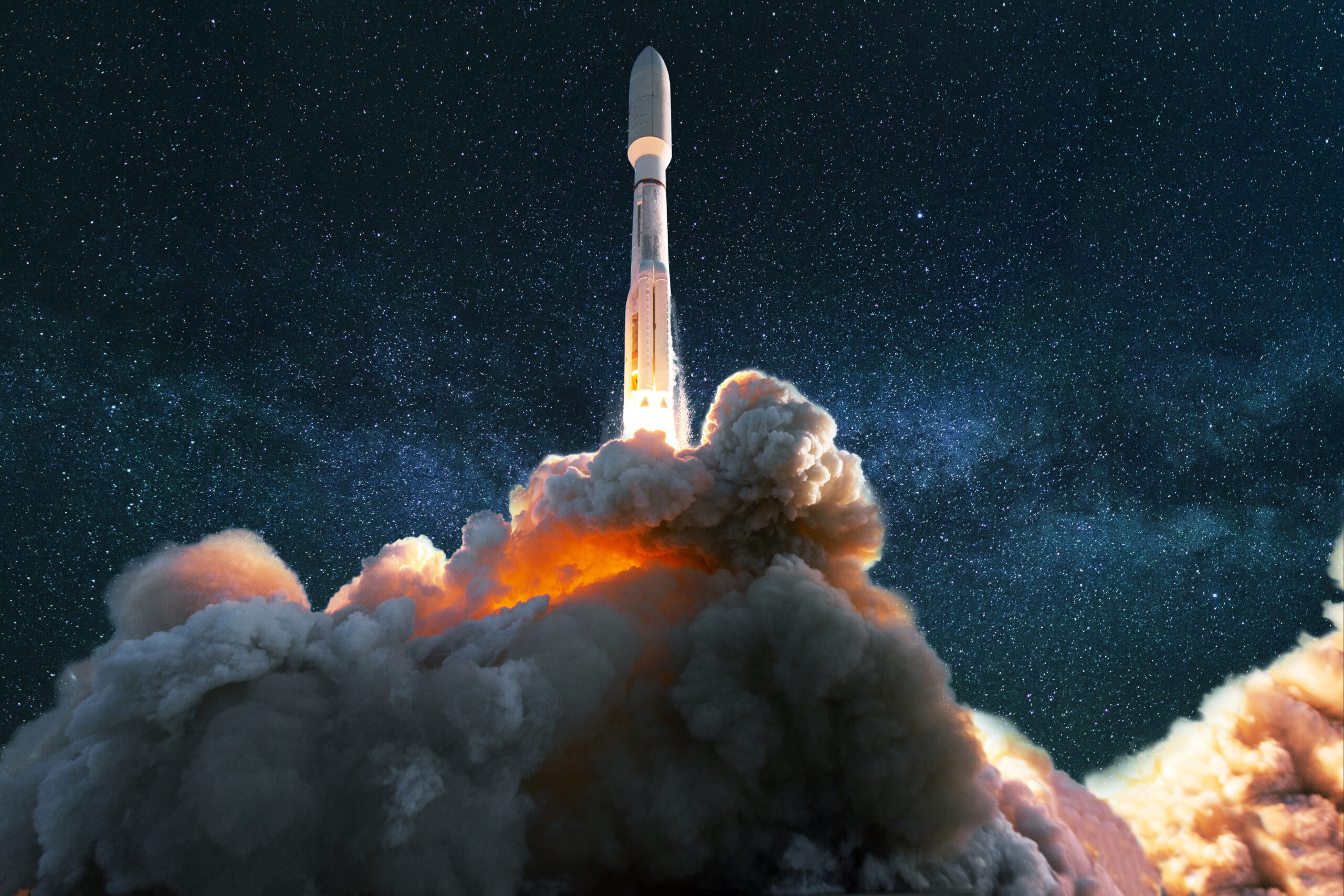 Initial Statements illustration: spacecraft takes off into the starry blue sky with the milky way. Successful launch of a rocket into space. Travel the universe and explore space