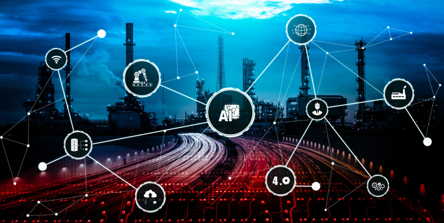 Smart factory for fourth industrial revolution with icon graphic showing automation system by using robots and automated machinery controlled via internet network, for illustrating supply chain management SCM