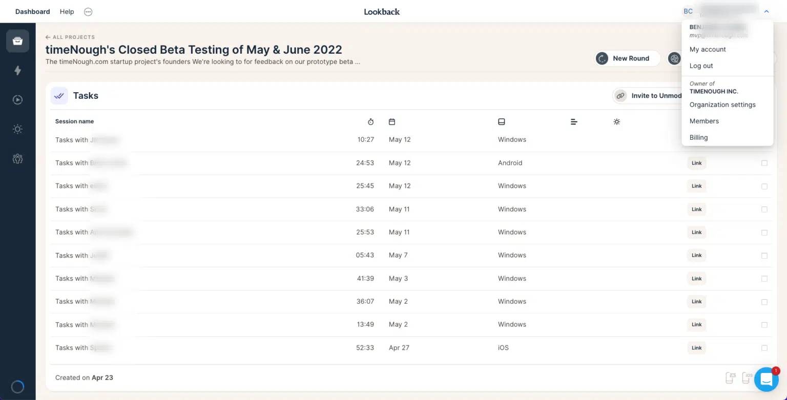 Screenshot displaying a Lookback.io dashboard interface and the list on sessions participants