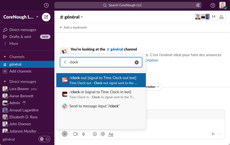 There is view on the CoreNough LLC Slack workspace with a user on a command pre-editing to the timeNough Time Clock-out bot.