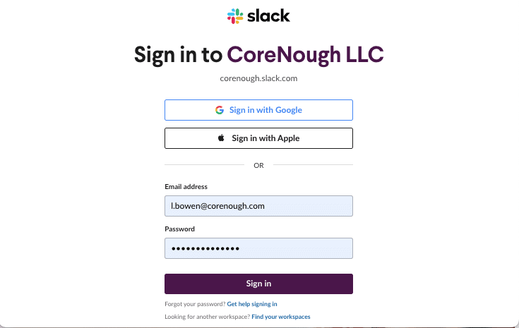 There is view on the log-in screen of the CoreNough LLC Slack workspace dashboard.
