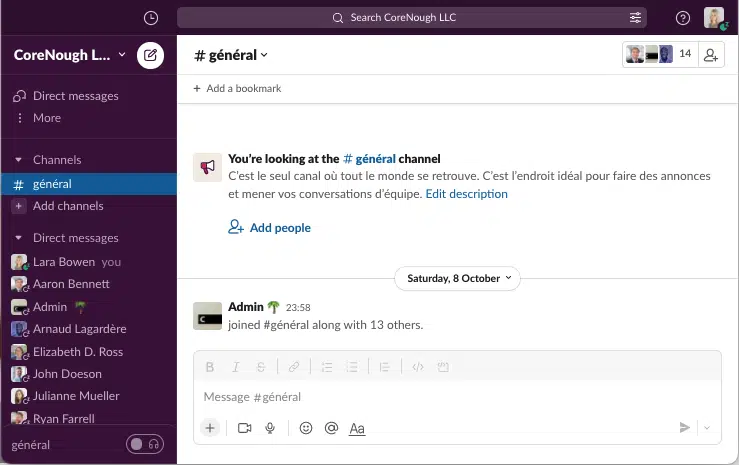 There is view of the Slack chat app in CoreNough LLC workspace.