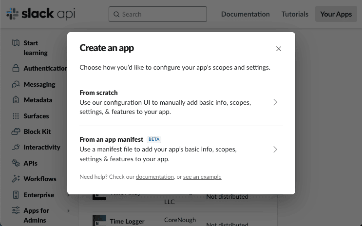 There is a view on Slack API dashboard while creating a new app.