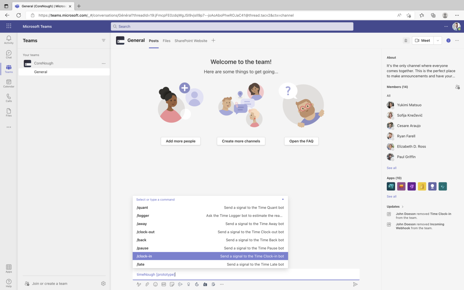 Microsoft Teams interface of CoreNough LLC, with John Doeson logged in and the list of users. He is about to send a new message in the General channel by tagging the timeNough bot, a list of commands is thus displayed.